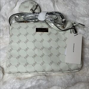 Nicole Miller cream and tan Crossbody Bag with Geometric Design